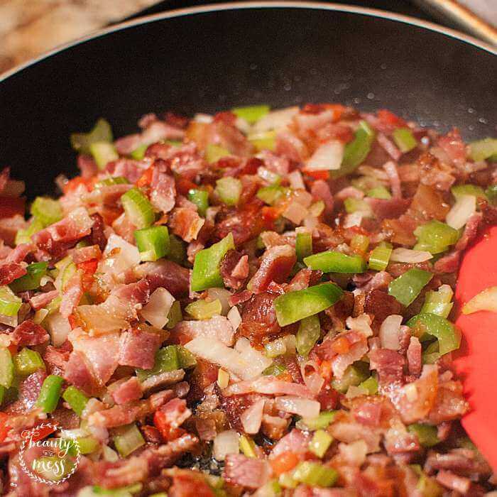 sauté peppers, onion, celery, tomato and bacon