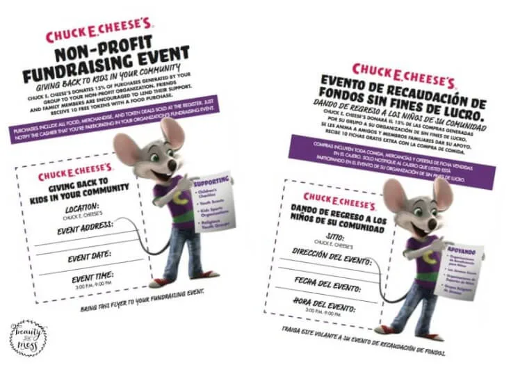 Chuck E. Cheese's Non-Profit Fundraising Event Flyers in English and Spanish