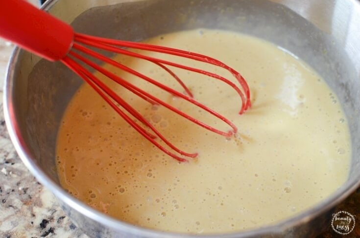 In a separate bowl, combine milk, eggs, vanilla and white sugar. Mix it well.