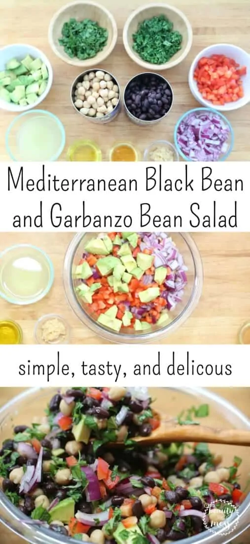 bean salad pinterest pin with a picture of ingredients, mixing together, and a spoonful of mediterranean bean salad