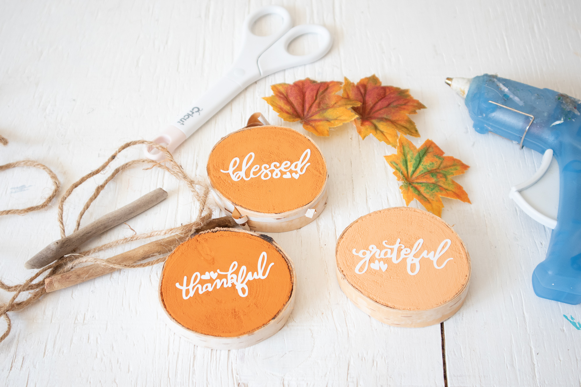 3 Easy to Make Painted Wood Slice Pumpkins Using Your Cricut