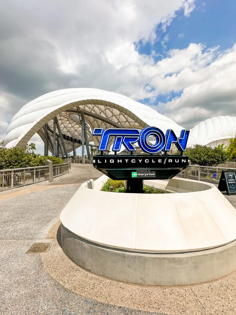 Signage of TRON Lightcycle Run outside of attraction