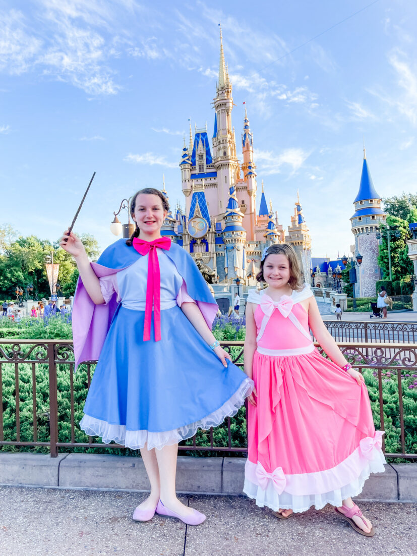 Fairy Godmother and Cinderella Cosplay in front of Cinderella Castle